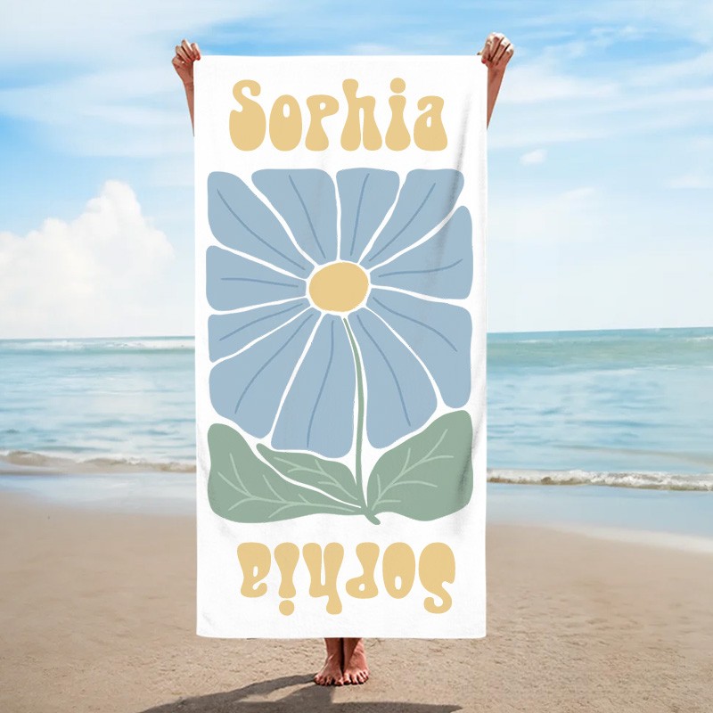 Personalized Blue Floral Quick Dry Oversized Beach Towel with Name Summer Vacation Pool Party Gifts for Kids