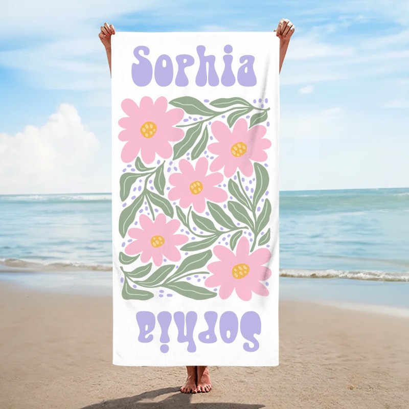 Personalized Pink Floral Quick Dry Oversized Beach Towel with Name Summer Vacation Pool Party Gifts for Kid