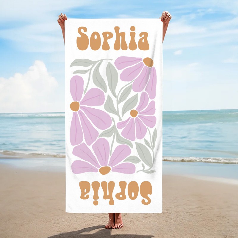 Personalized Purple Floral Quick Dry Oversized Beach Towel with Name Summer Vacation Pool Party Gifts for Kid