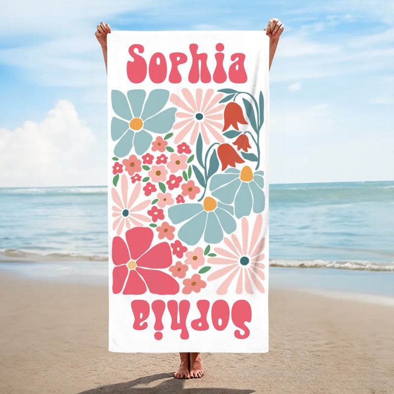 Personalized Floral Quick Dry Oversized Beach Towel with Name Summer Vacation Pool Party Gifts for Kid