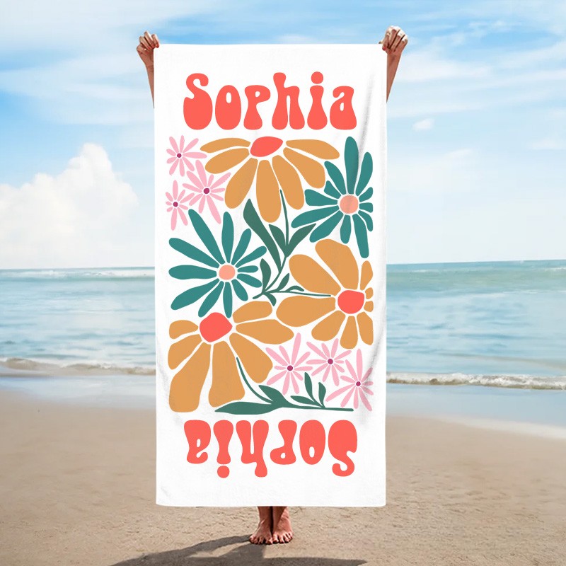 Personalized Orange Floral Quick Dry Oversized Beach Towel with Name Summer Vacation Pool Party Gifts for Kid
