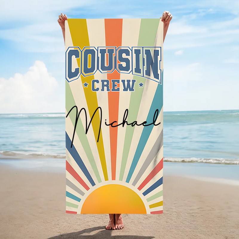 Personalized Cousin Crew Vintage Sunray Kids Beach Towel with Name Beach Party Travel Gift