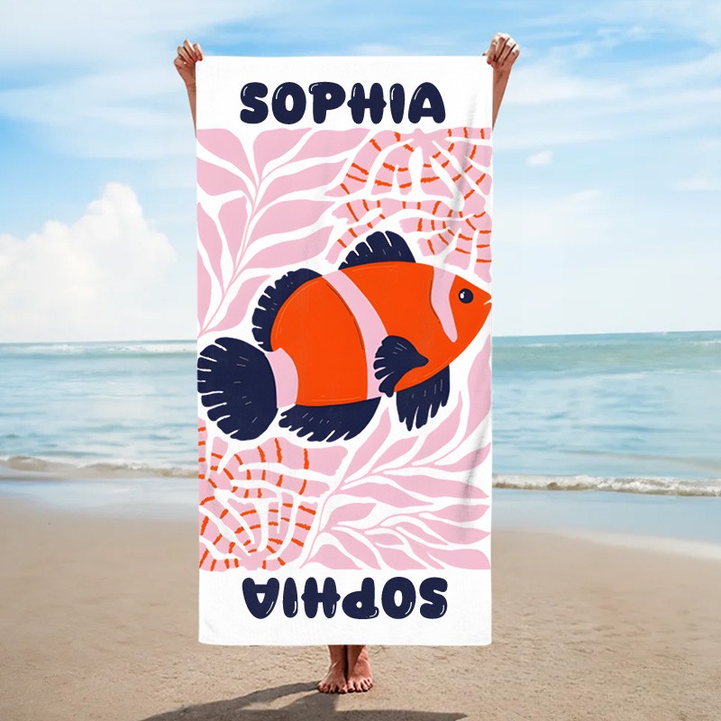 Personalized Red Fish Marine Life Art Illustration Kids Beach Towel with Name Summer Vacation Travel Gift for Kids