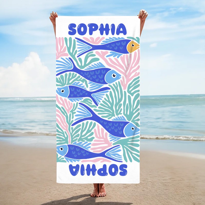Personalized Fish Marine Life Art Illustration Kids Beach Towel with Name Summer Vacation Travel Gift for Kids