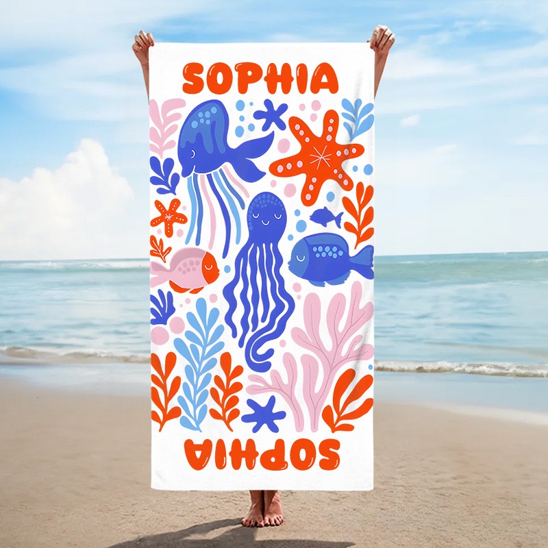 Personalized Marine Life Art Illustration Kids Beach Towel with Name Summer Vacation Travel Gift for Kids