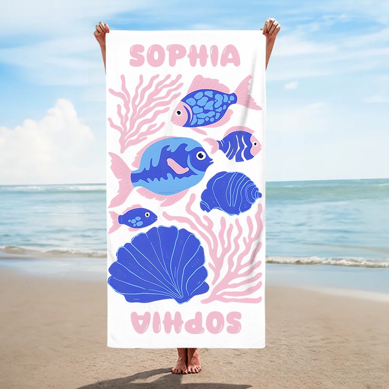 Personalized Fish Life Art Illustration Kids Beach Towel with Name Summer Vacation Travel Gift for Kids