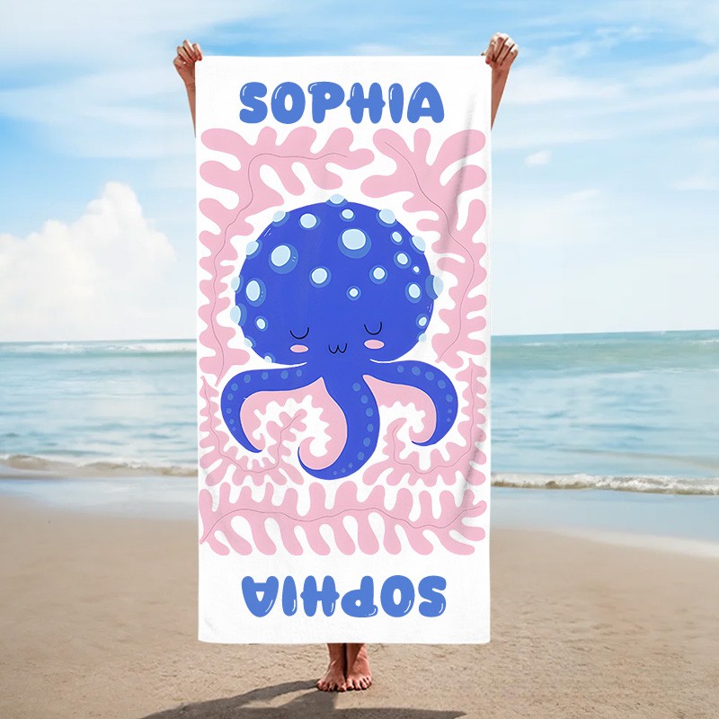 Personalized Octopus Life Art Illustration Kids Beach Towel with Name Summer Vacation Travel Gift for Kids