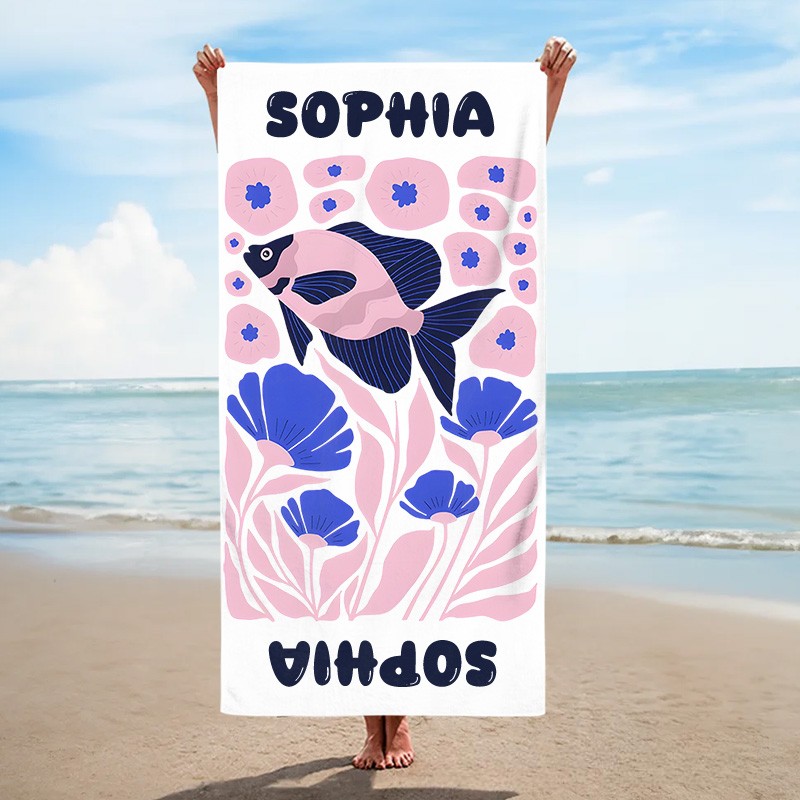 Personalized Pink Fish Life Art Illustration Kids Beach Towel with Name Summer Vacation Travel Gift for Kids
