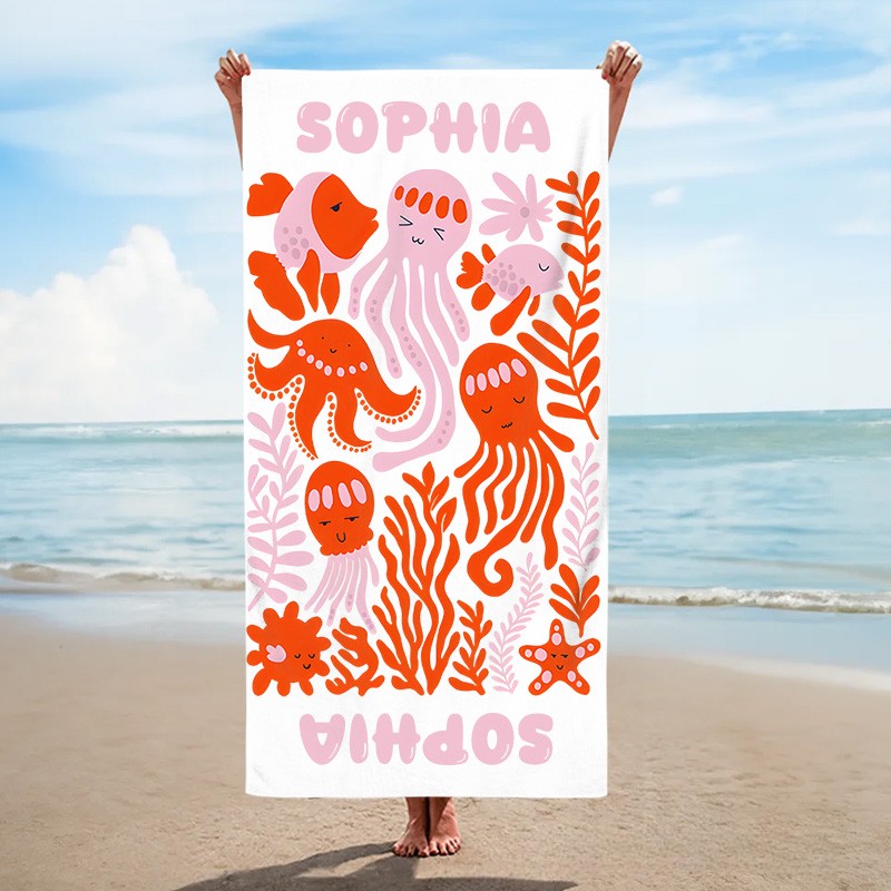 Personalized Pink Octopus Life Art Illustration Kids Beach Towel with Name Summer Vacation Travel Gift for Kids