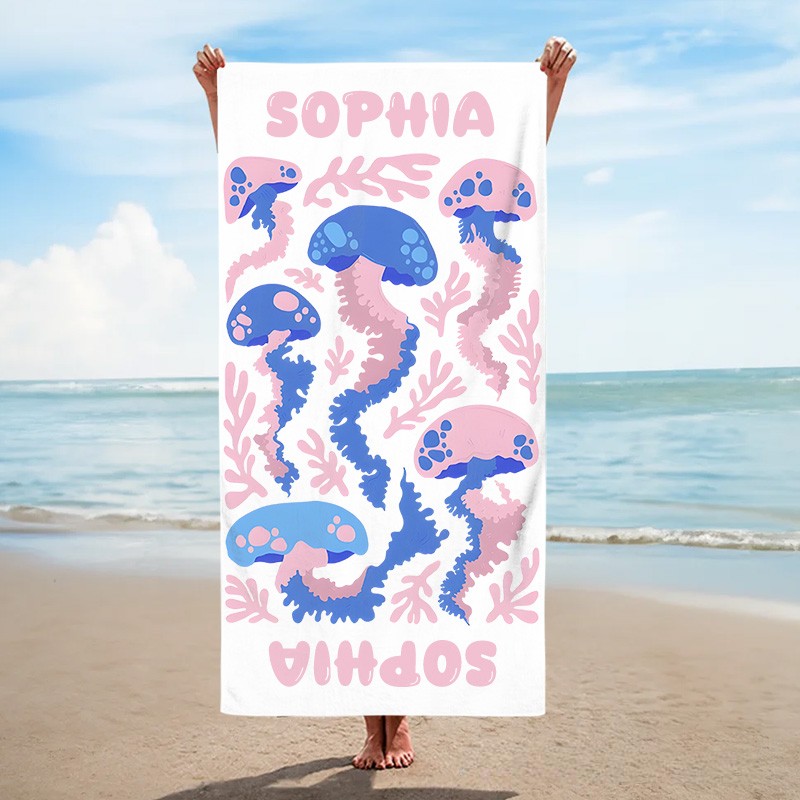Personalized Jellyfish Life Art Illustration Kids Beach Towel with Name Summer Vacation Travel Gift for Kids