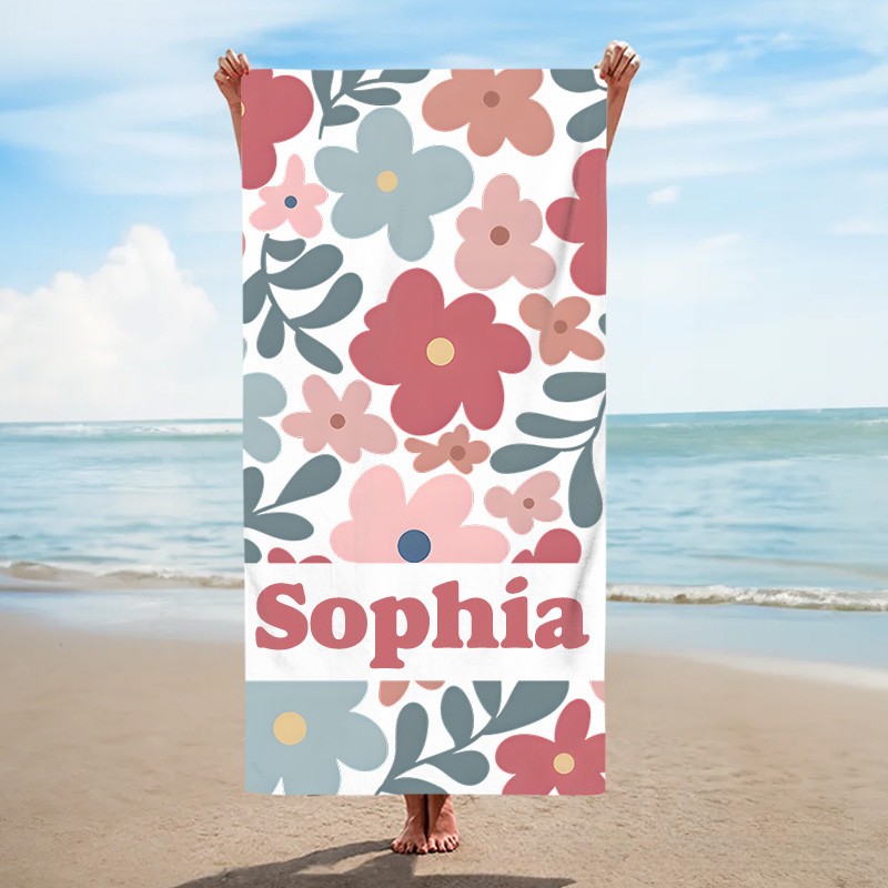 Personalized Red Danish Flower Kids Beach Towel with Name Beach Party Travel Birthday Gift for Kids