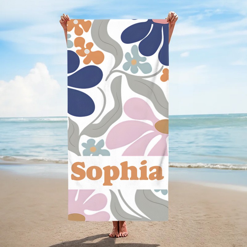Personalized Navy Danish Flower Kids Beach Towel with Name Beach Party Travel Birthday Gift for Kids