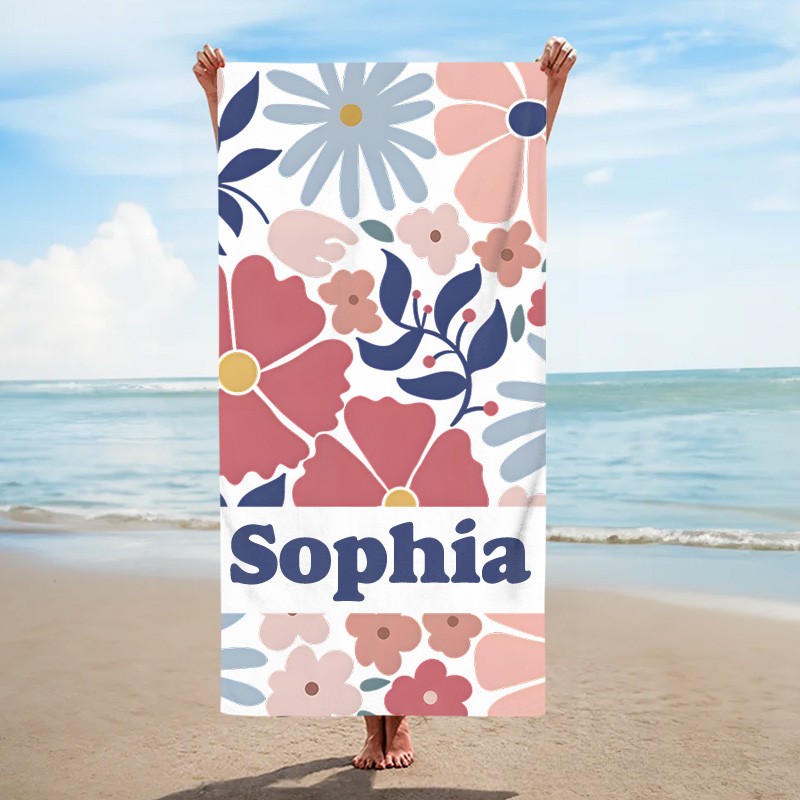 Personalized Pink Danish Flower Kids Beach Towel with Name Beach Party Travel Birthday Gift for Kids