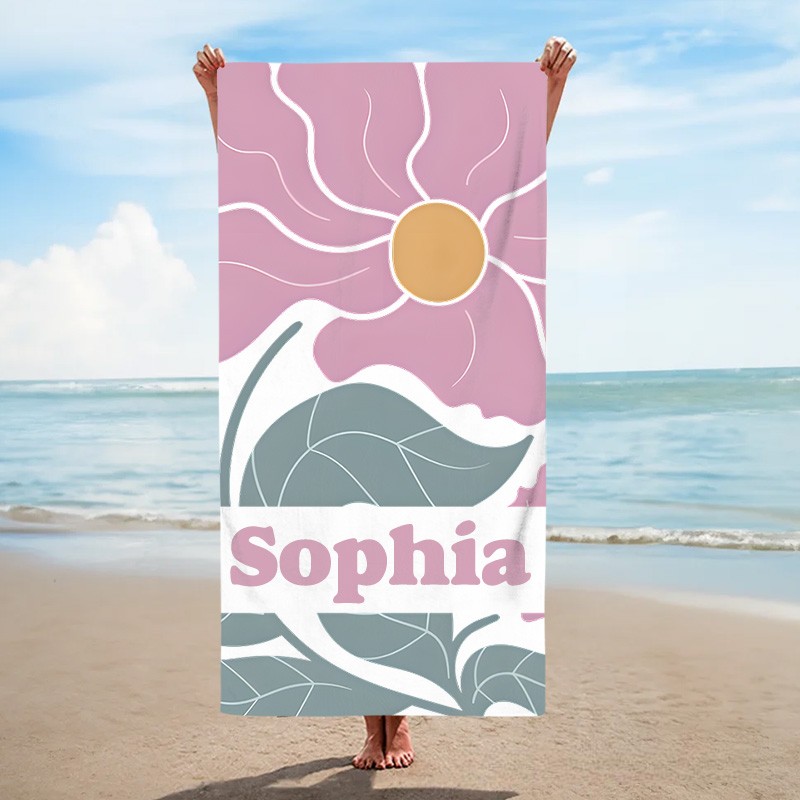 Personalized Purple Danish Flower Kids Beach Towel with Name Beach Party Travel Birthday Gift for Kids