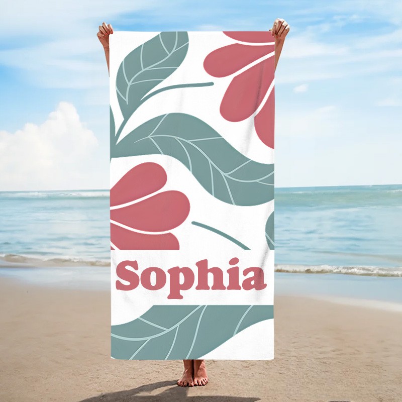 Personalized Red Danish Flower Kids Beach Towel with Name Beach Party Travel Birthday Gift for Kid