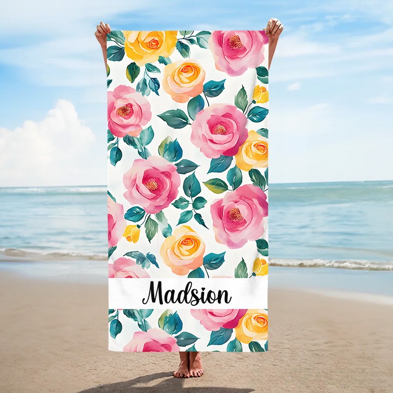 Personalized Pink Watercolor Floral Stripe Kids Beach Towel with Name Beach Party Summer Vacation Gift for Kids