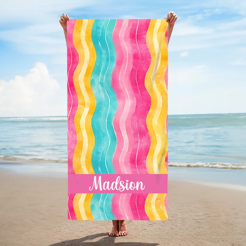 Personalized Watercolor Floral Pink and Yellow Stripe Kids Beach Towel with Name Beach Party Summer Vacation Gift for Kids