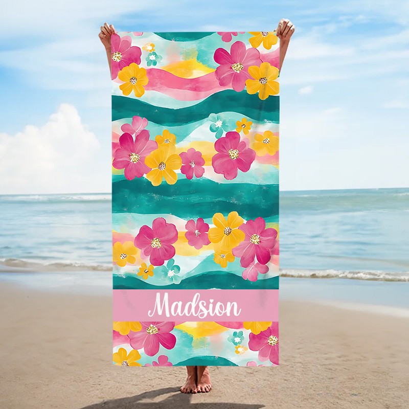 Personalized Pink and Yellow Watercolor Floral  Stripe Kids Beach Towel with Name Beach Party Summer Vacation Gift for Kids