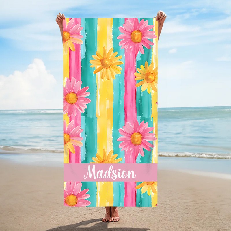 Personalized Floral  Stripe Kids Beach Towel with Name Beach Party Summer Vacation Gifts for Kids