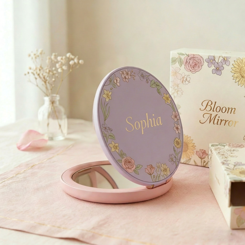 Personalized LED Makeup Mirror with Name and Floral Design Foldable Rechargeable Travel Mirror for Women 3 Color Light 5X Magnification Gift