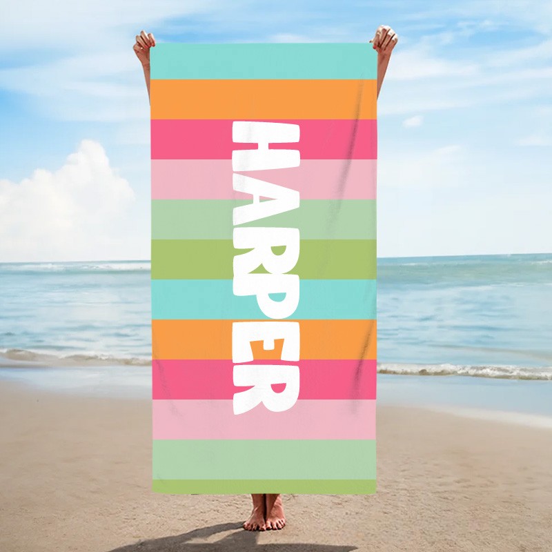 Personalized Colorful Stripe Kids Beach Towel with Name Travel Essentials Summer Holiday Party Gift for Kids
