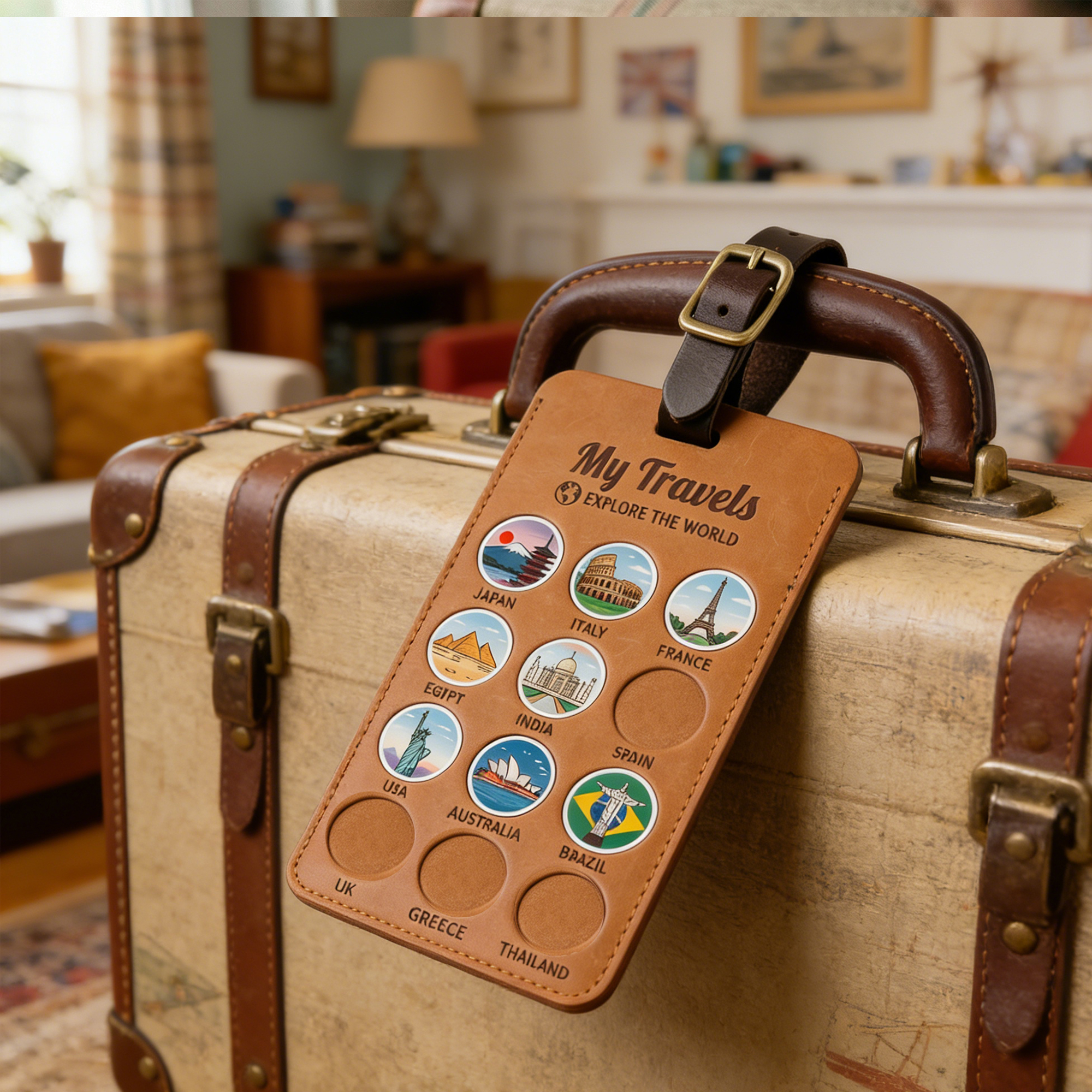 Personalized Travel Luggage Tag with Name DIY Country Sticker Travel Tracker Leather Passport Tag Gift for Travelers Custom Adventure Keepsake