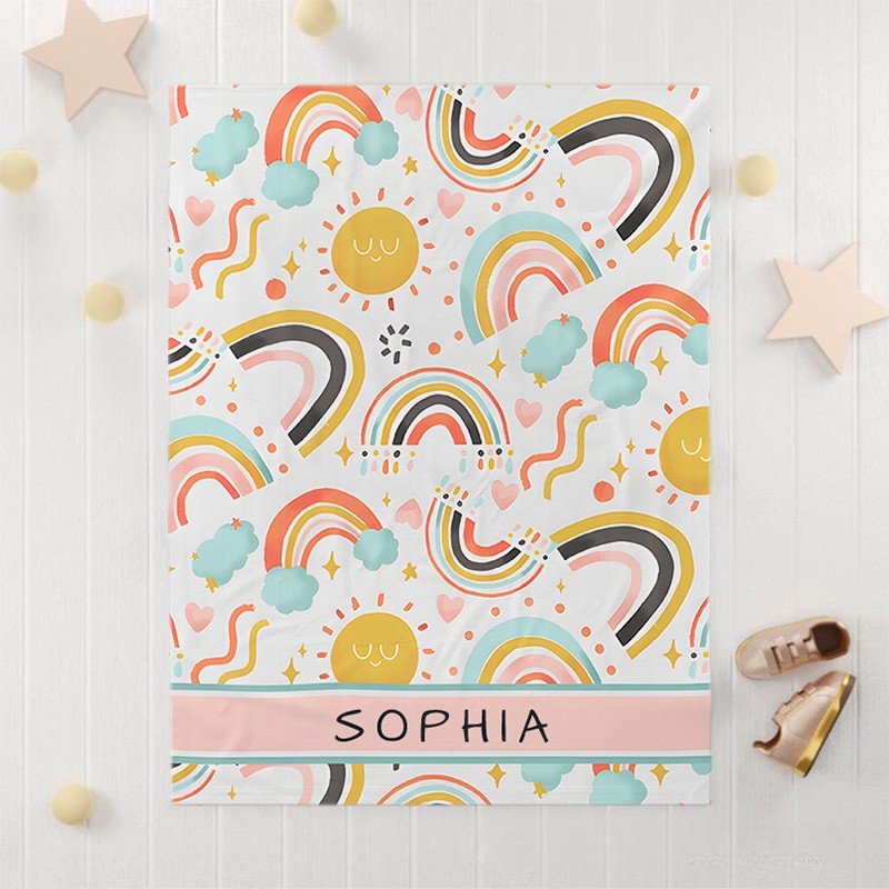 Personalized Kids Whimsical Colorful Rainbow Heart Name Blanket Birthday Children's Day Gift
