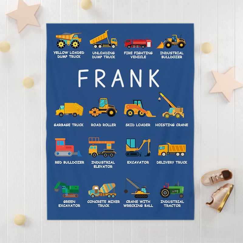 Personalized Work Vehicles Construction Trucks Kids Blanket with Name for Boys Girls Truck Lover Couch Sofa Bed Decor Birthday Children's Day Gift