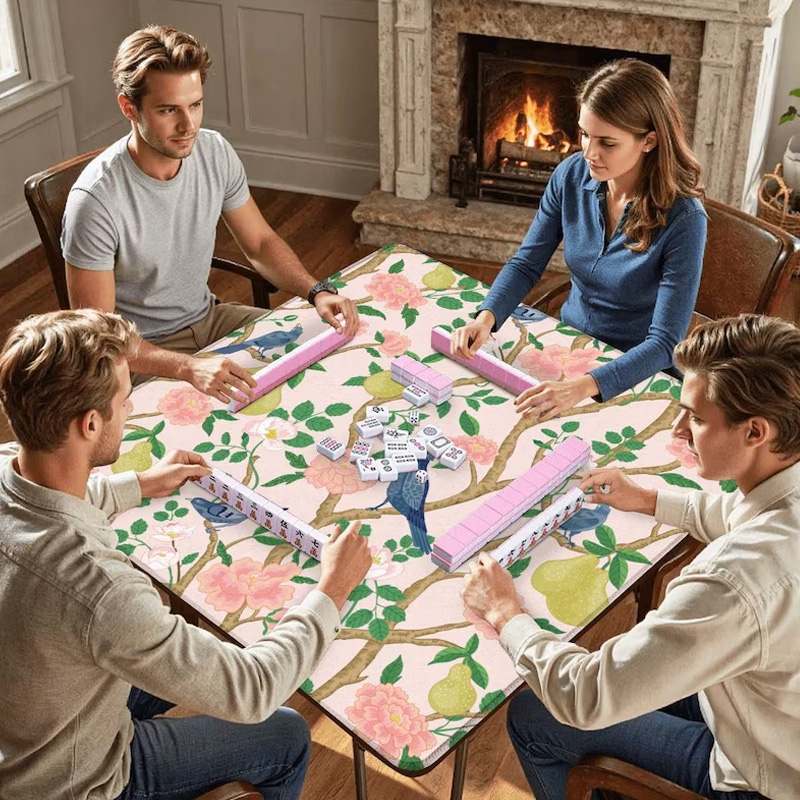 Chinoiserie Mahjong Mat Pink Floral Bird Design Waterproof Non Slip Elegant Table Protector Gift Mahjong Mat Mahjong Lovers Gifts