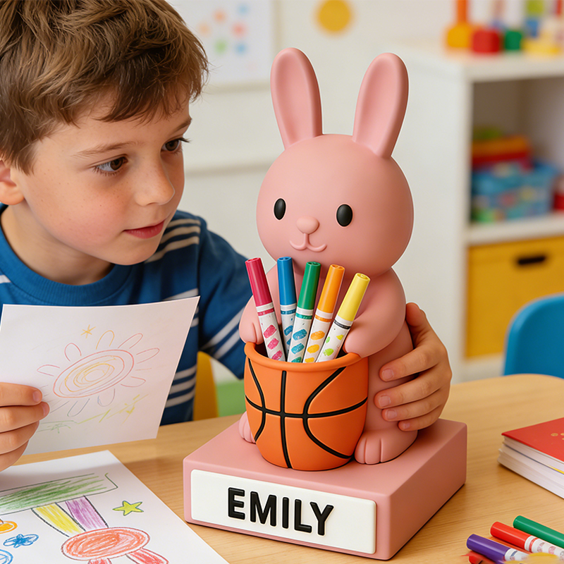 Personalized Basketball Bunny 3D Printed Pen Holder with Custom Name for Kids and Students