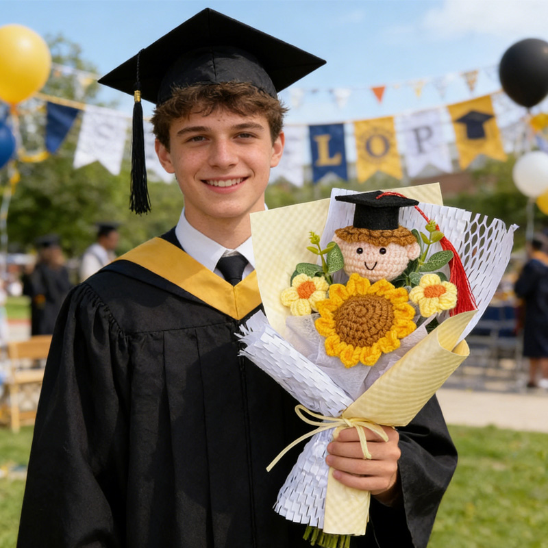 Crochet Graduation Bouquet with Graduation Doll Class of 2026 Keepsake Knitted Grad Flowers Gift for Her