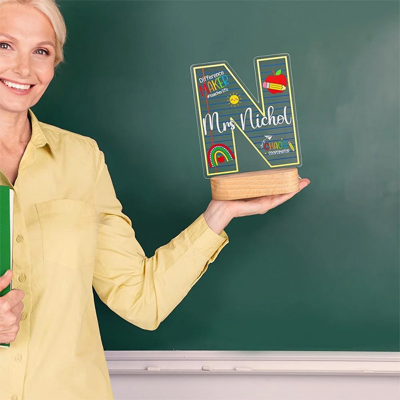 Personalized "Difference Maker" Apple Pencil LED Night Light Custom Name with Wooden Base Teacher's Day Appreciation Gift