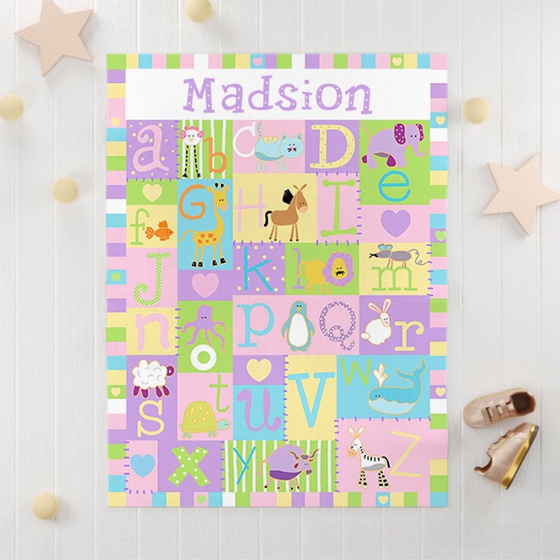 Personalized Cartoon Animal Alphabet Color Block Stitching Soft Throw Blanket with Name Home Decor Birthday 