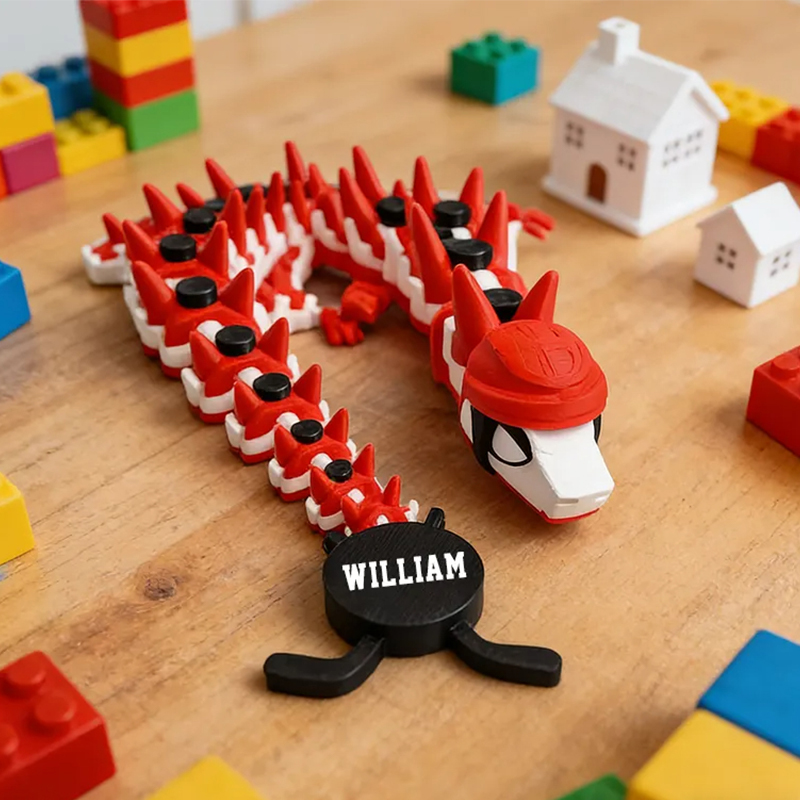 Personalized Ice Hockey Articulated Dragon Toy with Customizable Name Design