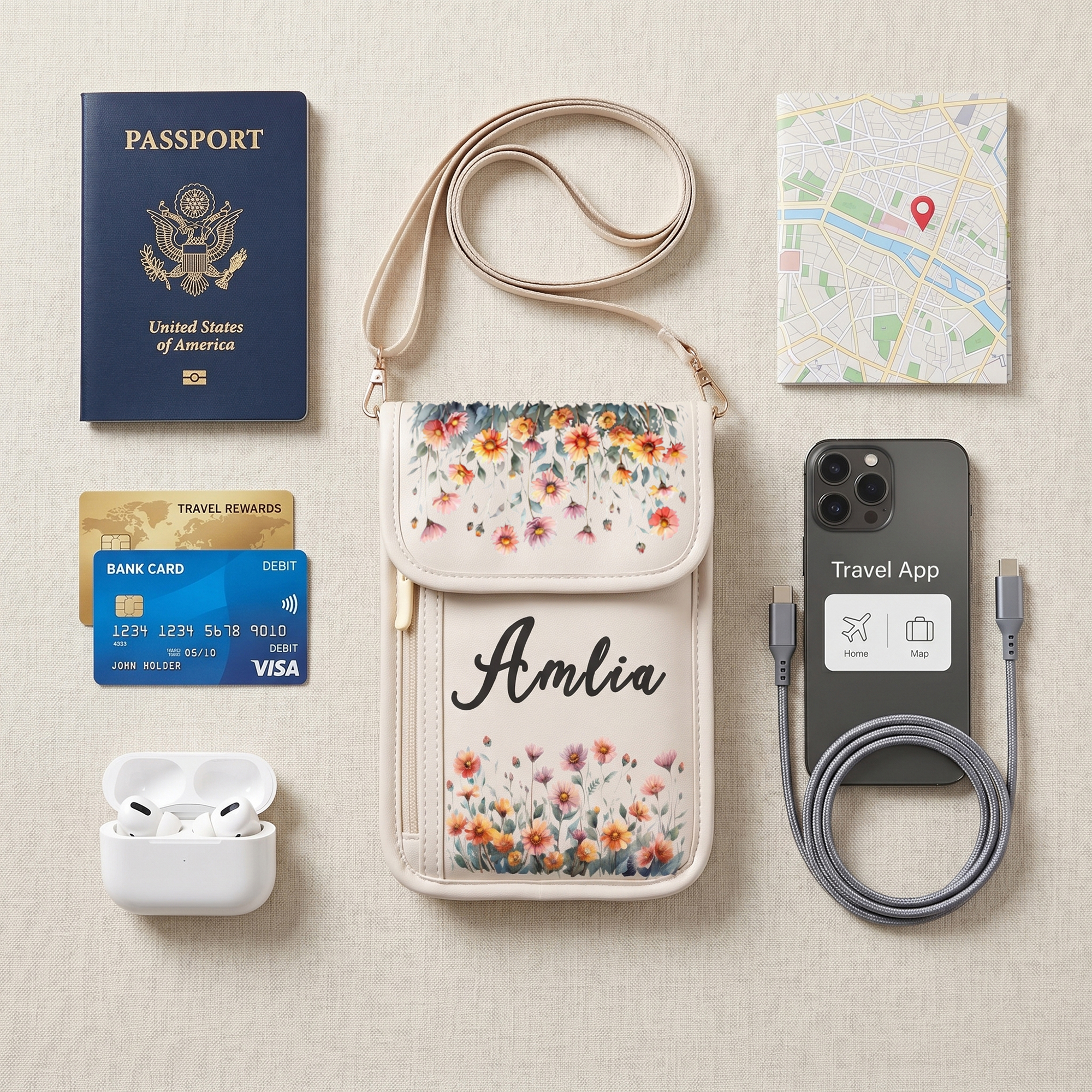 Personalized Waterproof Passport Crossbody Bag Custom Name and Birth Flower Travel Organizer with Modular Storage Adjustable Strap  Wallet Gift for Traveler