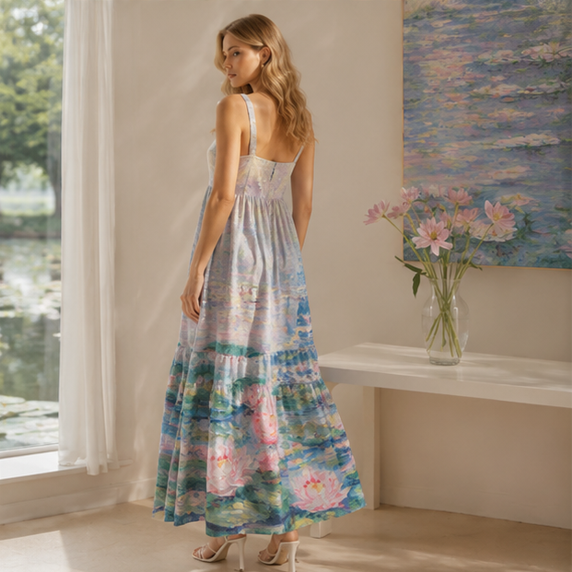Oil Painting Water Lily Printed Maxi Dress