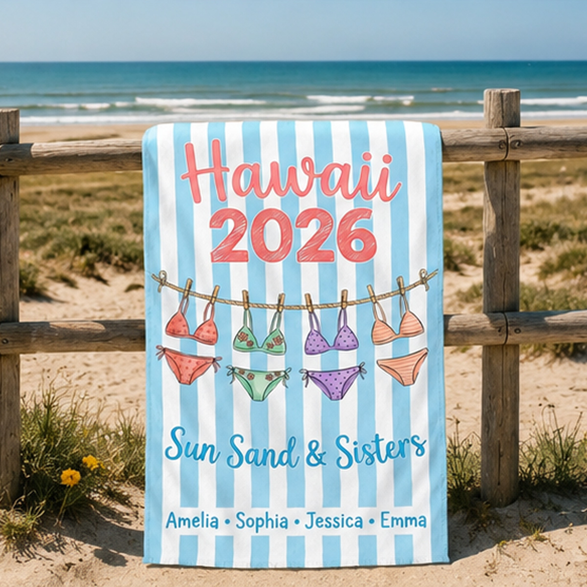 Personalized “Sun, Sand & Sisters” Beach Towel – Custom Hawaii Trip Year and Names
