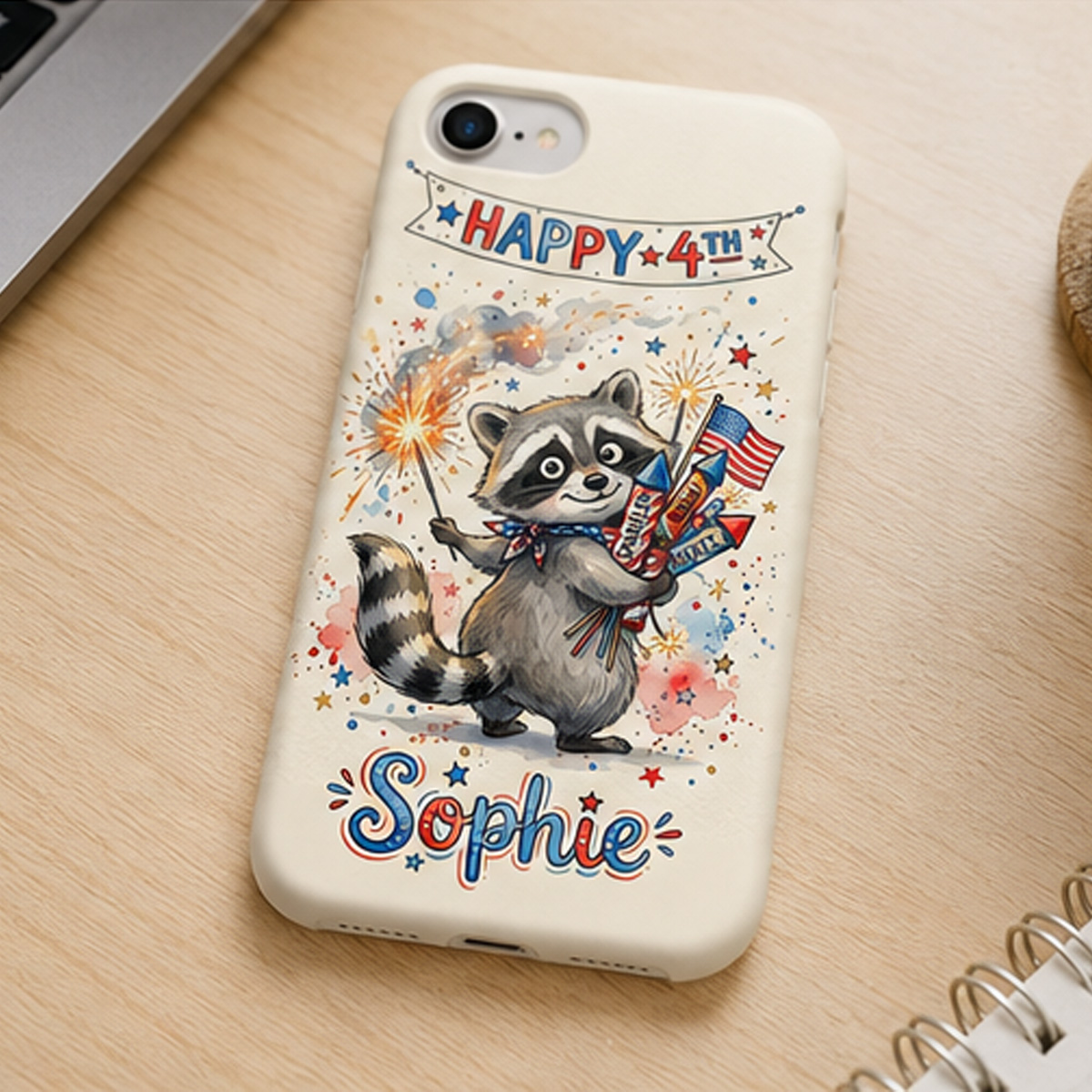 Personalized “Happy 4th” Raccoon Phone Case – Custom Name Patriotic Independence Day Cover