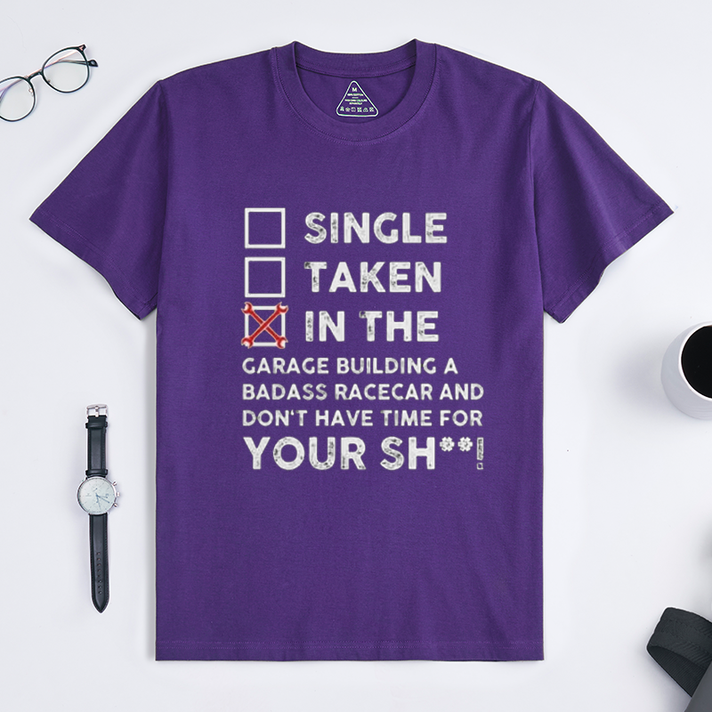 Funny Relationship Status Garage Race Car Builder Crew Neck Tee for Grease Monkey Mechanic Car Modding Enthusiasts