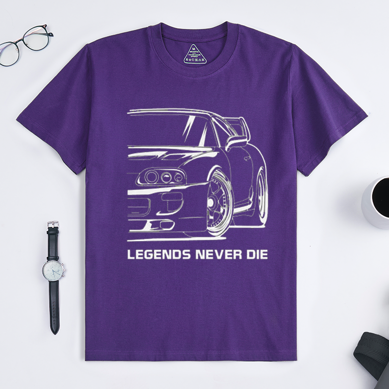 Legends Never Die Classic JDM Sports Car Crew Neck Short Sleeve T-Shirt for Retro Import Car Fans & Automotive Gearheads