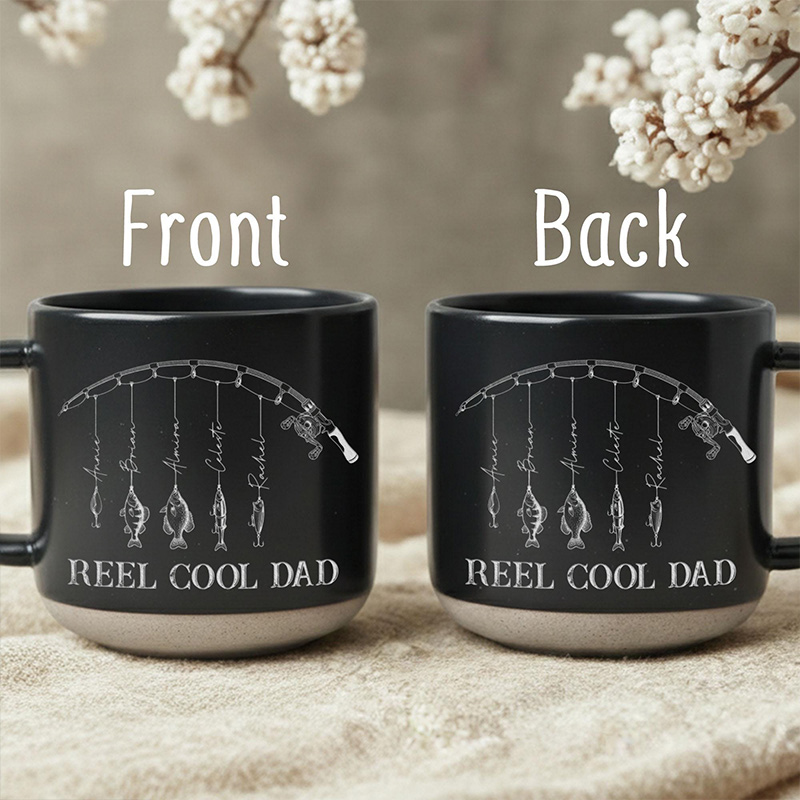 Personalized Engraved Reel Cool Dad Fishing Pottery Mug Fisher Grandpa Mug Reel Cool Papa Mug With Kids Name Fishing Lover Gift