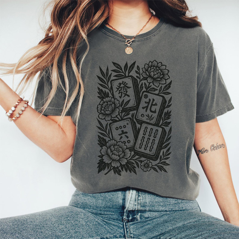 Retro Mahjong Floral Washed T-Shirt Gift for Mahjong Lovers