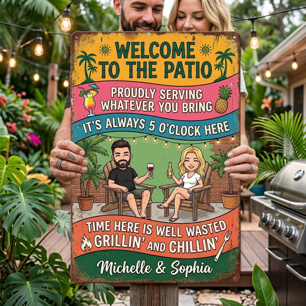 Personalized Patio Welcome Grilling Proudly Serving Whatever You Bring Husband Wife Couple Single Backyard Sign Personalized Custom Classic Metal Signs