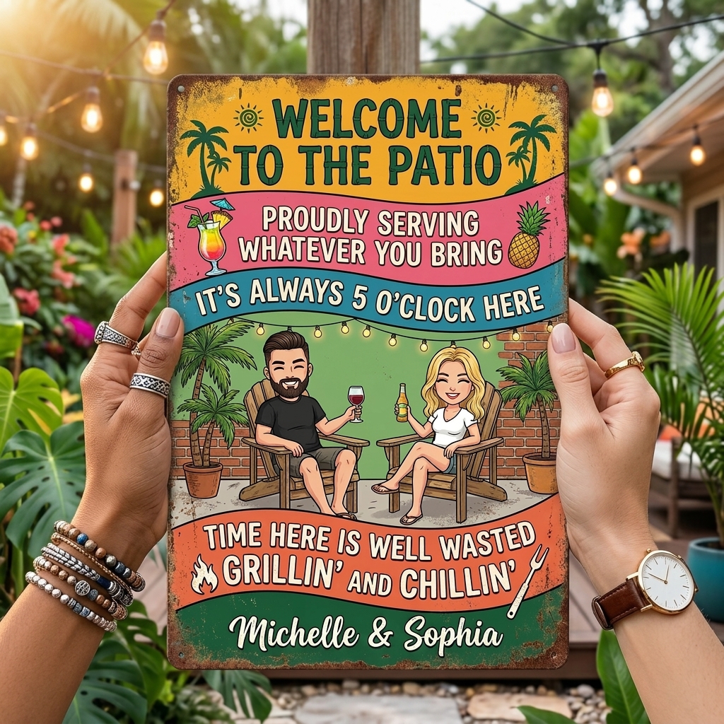 Personalized Patio Welcome Grilling Proudly Serving Whatever You Bring Husband Wife Couple Single Backyard Sign Personalized Custom Classic Metal Signs