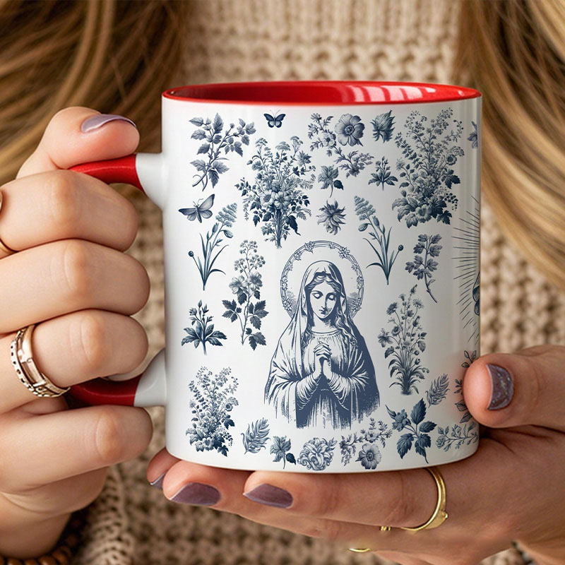 Personalized Catholic Virgin Mary Toile 11oz Ceramic Mug with Name Vintage Floral Catholic Marian Mug Our Lady Coffee Cup Christian Gift for Women