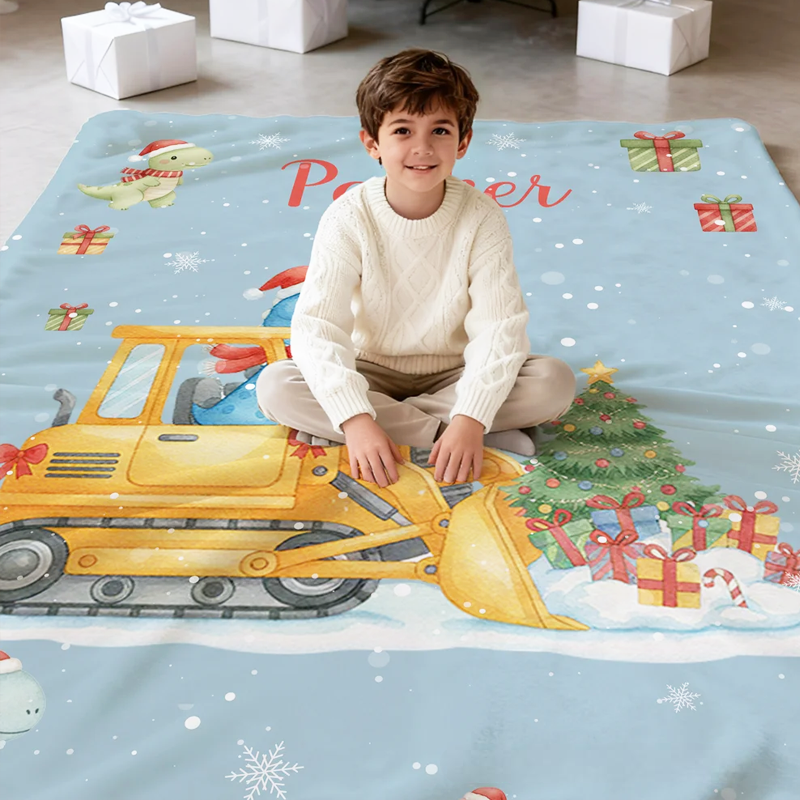 Personalized Cartoon Dinosaur Construction Vehicle Soft Throw Blanket with Name Home Decor Christmas Party Gift for Toddlers Boys