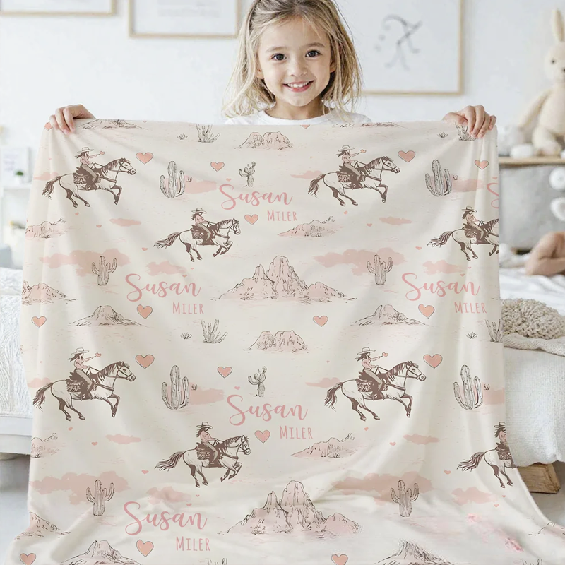 Personalized Cowgirl Desert Soft Throw Blanket with Name Swaddle Room Decor Birthday Baby Shower Gift for Mom Newborn