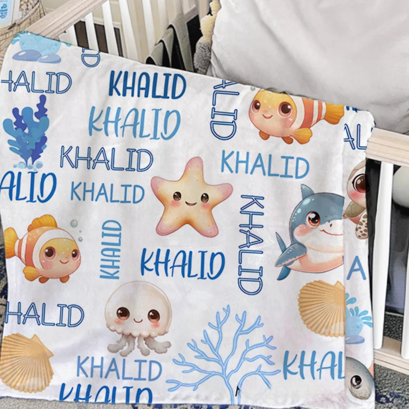 Personalized Cute Marine Animals Design Soft Throw Blanket with Name Home Decor Birthday Christmas Gift for Boys Girls