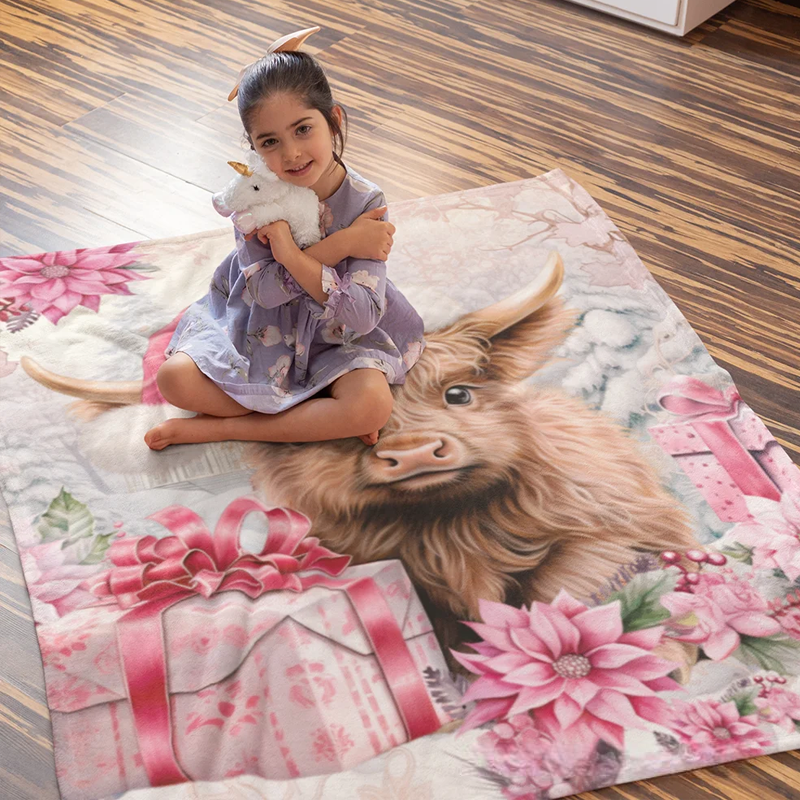 Personalized Pink Floral Highland Cow Blanket with Name Christmas Gift for Highland Cow Lover