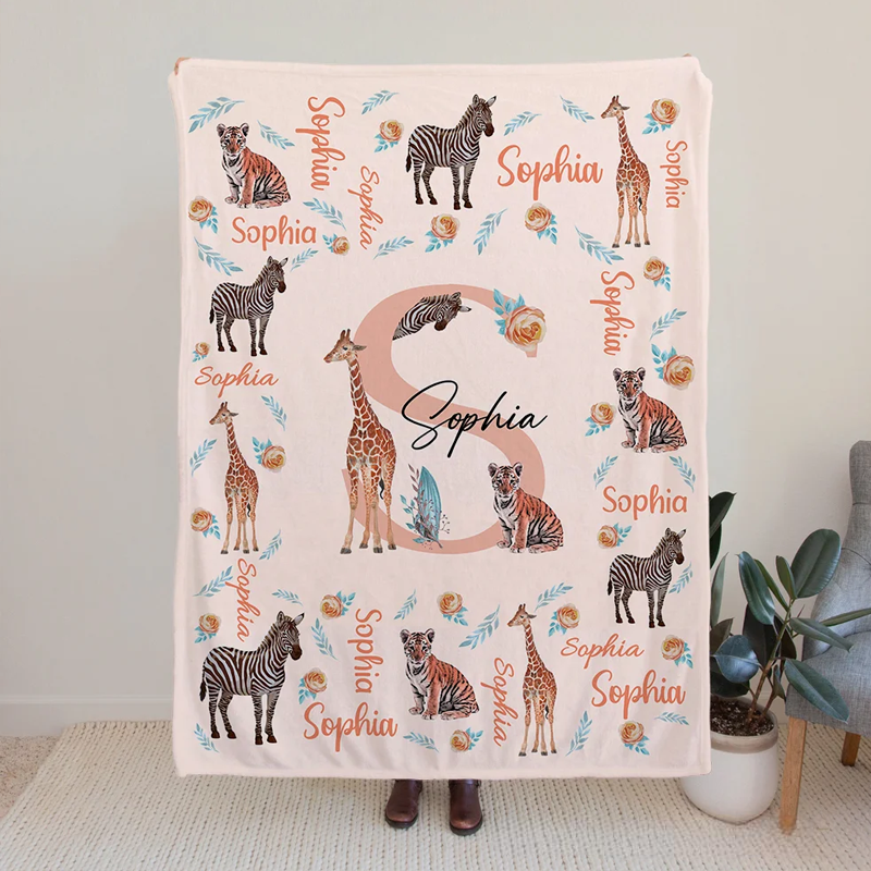 Personalized Cute Jungle Animal Soft Throw Blanket with Name Baby Shower Christmas Gift for Boys Girls